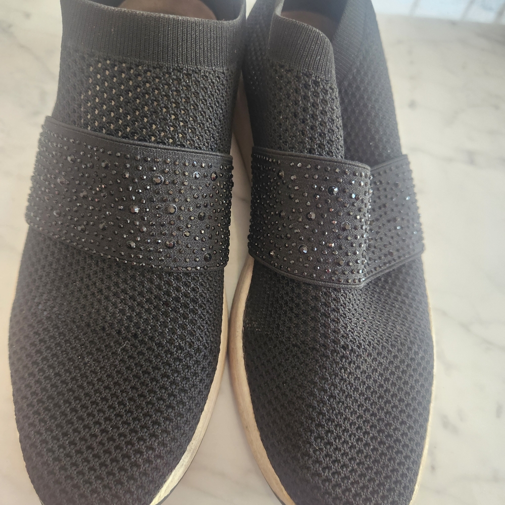 Anne Klein Sport Black Knit Slip-On Sneakers with Black Rhinestone Strap